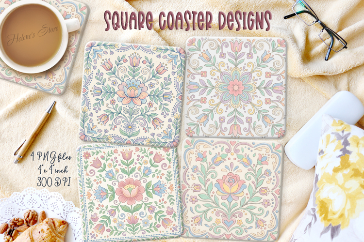 Pastel floral retro folk tile pattern square coaster designs