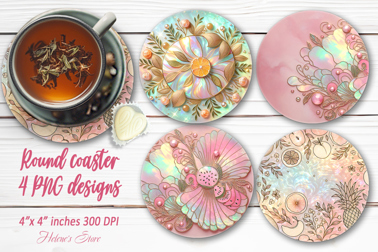 Tropical fruits pattern gold pearl round coaster designs