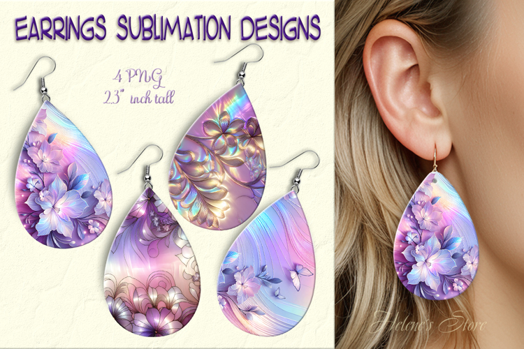 3d Floral lilac iridescent earrings sublimation designs png