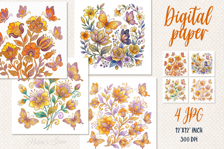 Whimsical flowers digital papers jpeg |Floral Scrap booking example image 1