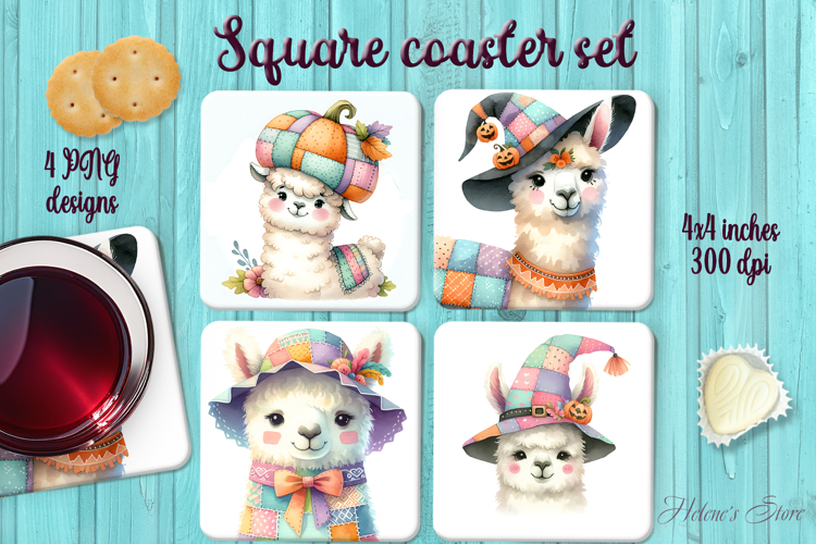 Patchwork Halloween llama square coaster sublimation png