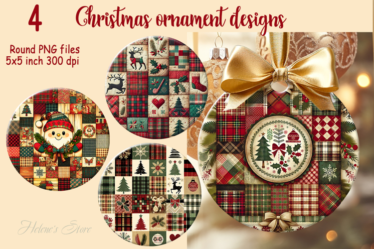Christmas patchwork round ornament sublimation designs PNG