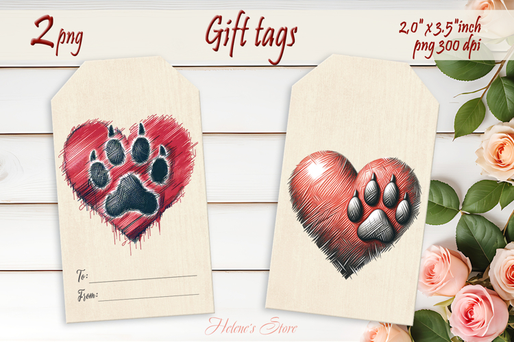 Lover dog paw Gift Tags| Scetch heart labels| Pets label png