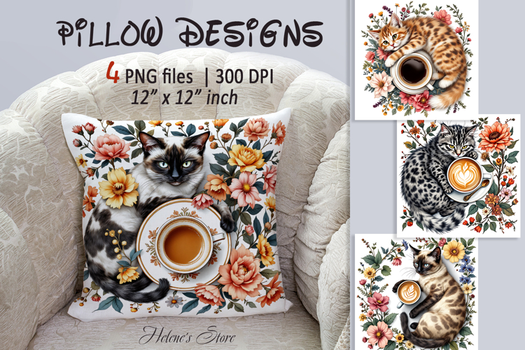 Coffee and cat in flowers sublimation pillow case designs