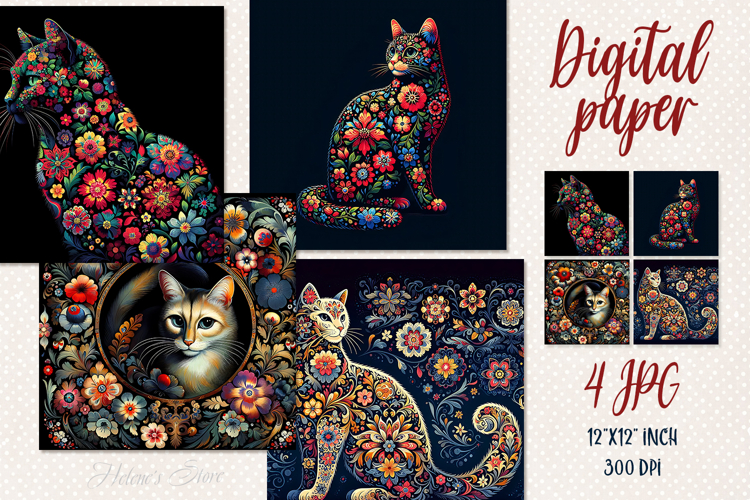 Folk floral cat black digital papers jpeg | Scrap booking