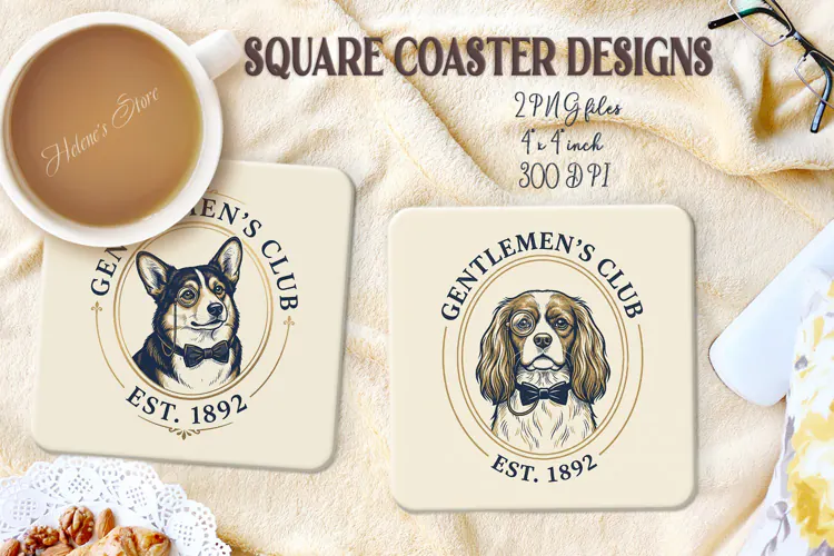 Retro Gentlemen Dog square coasters sublimation design png