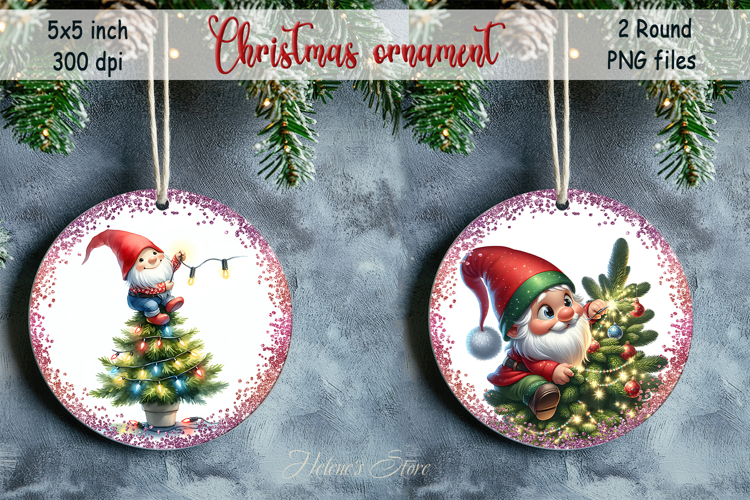 Christmas tree and gnome round ornament sublimation designs