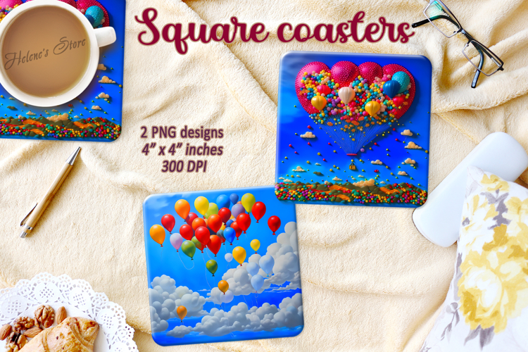 Balloons in blue sky coaster| Square coasters Sublimation