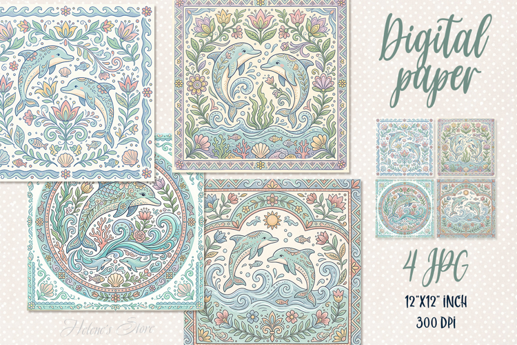 Folk floral ocean tiles digital papers jpeg | Scrap booking