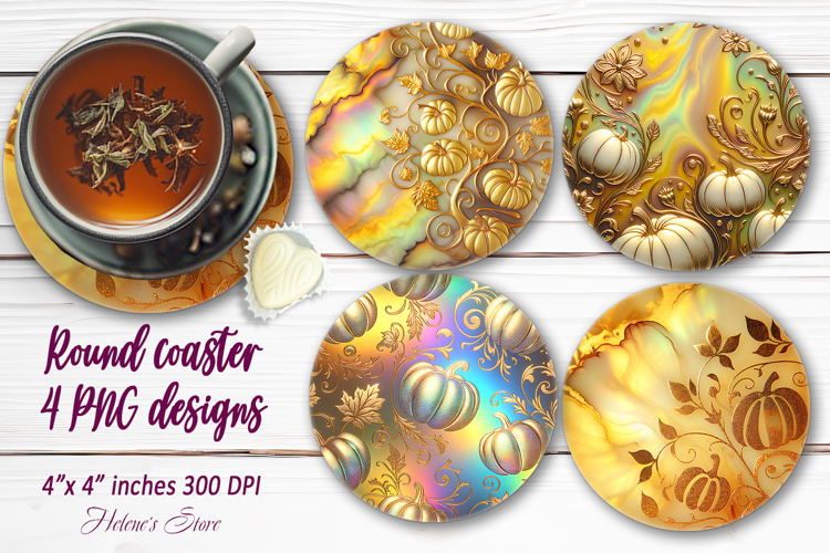 Golden pumpkin pattern round coaster sublimation designs png
