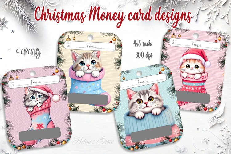 Cute Christmas Kitten Money Card PNG | 4 Designs example image 1