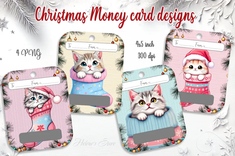Cute Christmas Kitten Money Card PNG | 4 Designs