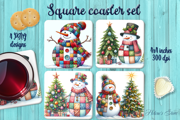 Patchwork snowman Christmas tree square coaster sublimation