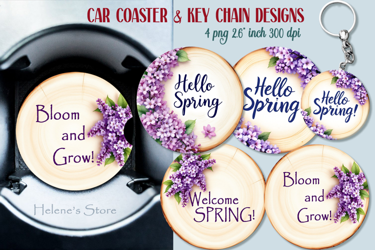 Spring round key chain designs | Blooming garden Car coaster