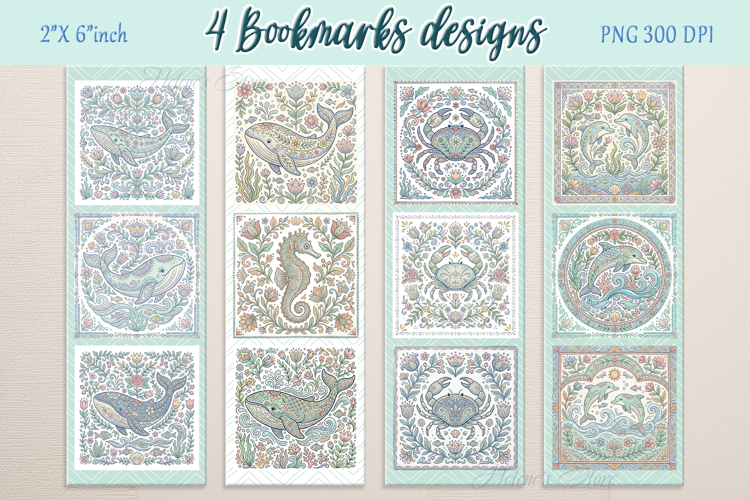Pastel sea life pattern Printable bookmark png |4 Book craft
