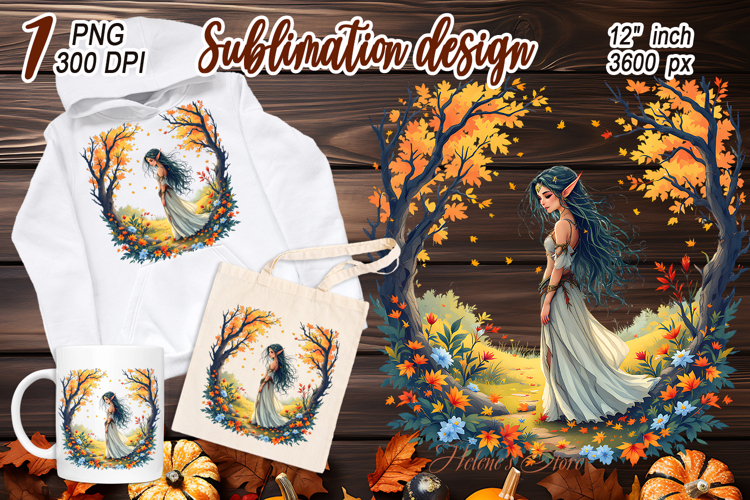 Cute watercolor girl elf autumn sublimation design png