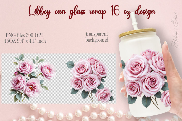 Pink rose flowers pattern Libbey Can Glass Wrap 16oz design