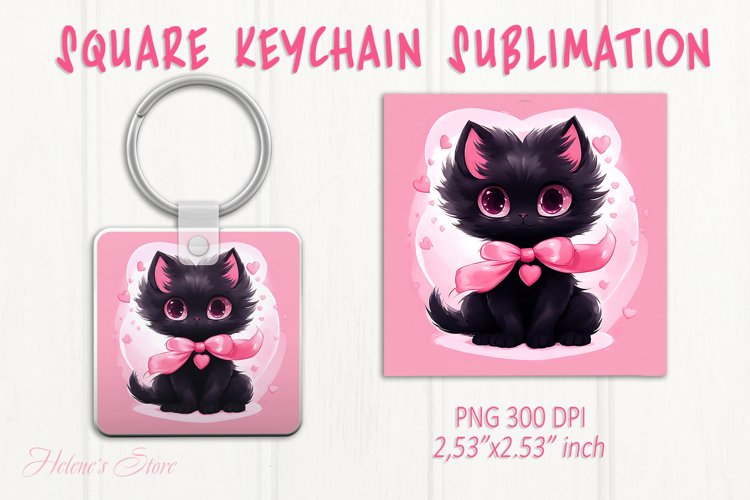 Black cat keychain sublimation | Pink love Square keychain example image 1