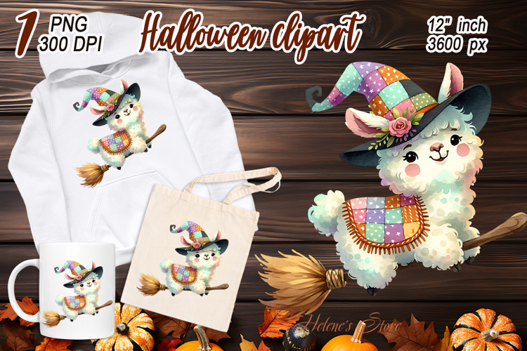 Cute Watercolor Llama Witch clipart png |Fall Animals design