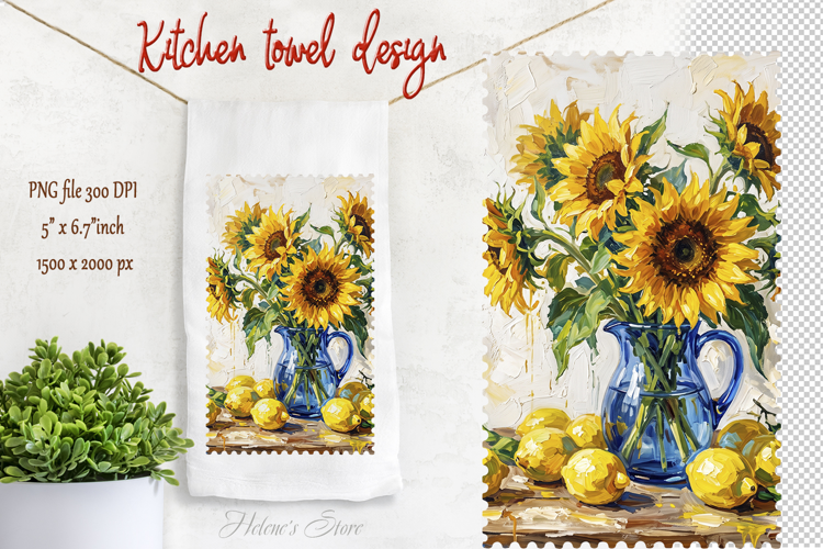 Sunflowers bouquet and lemons farmhouse kitchen towel png