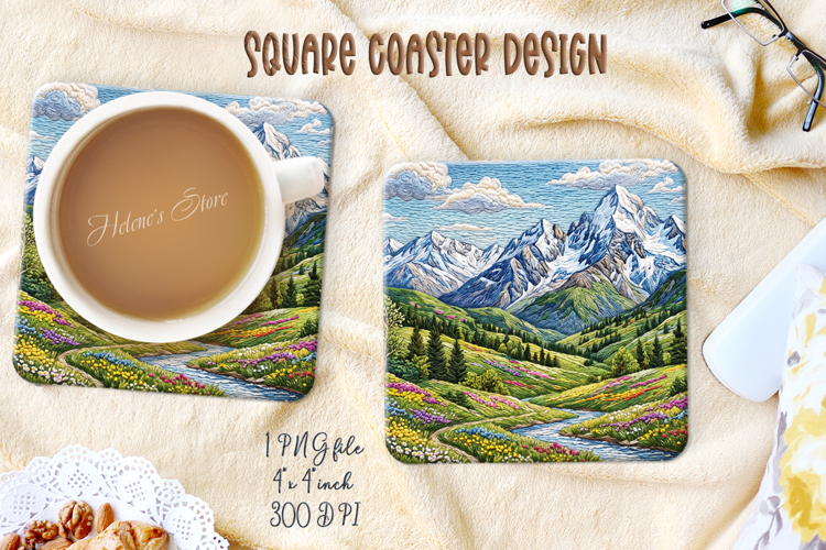 Spring Mountains square coasters sublimation design png