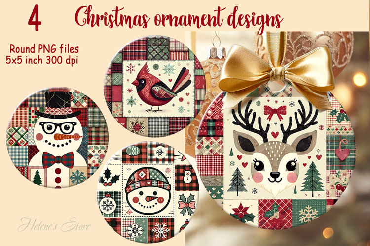 Christmas patchwork round ornament sublimation designs PNG
