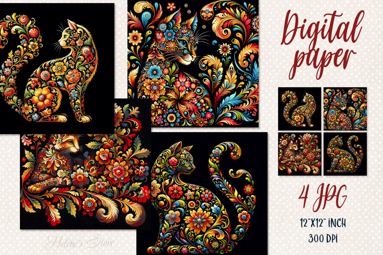 Folk floral cat black digital papers jpeg | Scrap booking