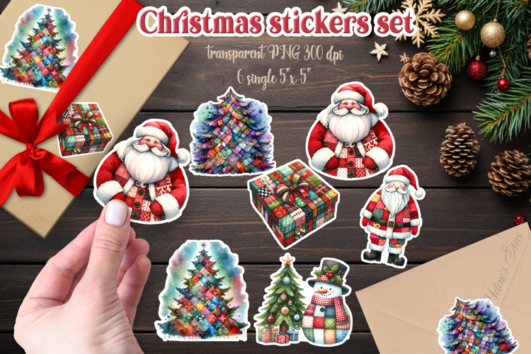 Cute Christmas patchwork printables stickers|Santa Claus png
