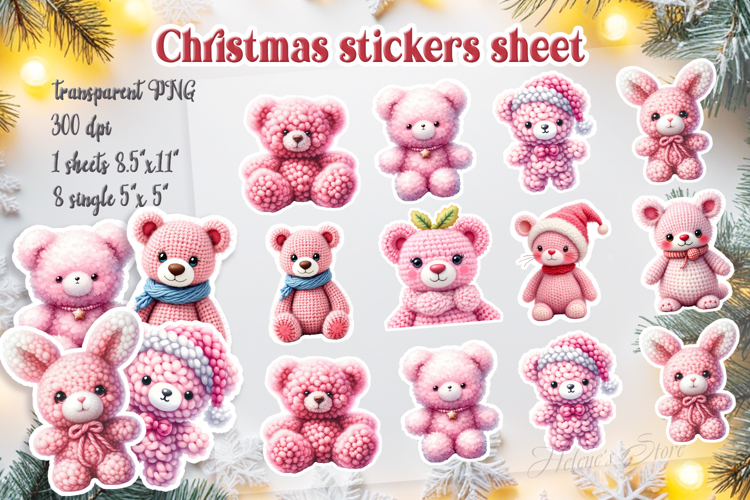 Christmas printables stickers sheet |Pink crochet Teddy Bear