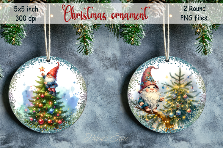 Christmas tree and gnome round ornament sublimation designs