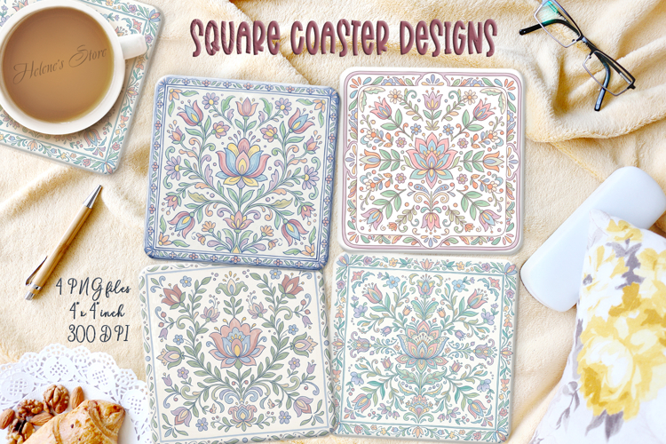 Pastel floral retro folk tile pattern square coaster designs