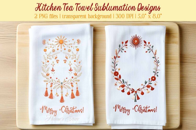 Christmas boho sublimation kitchen tea towel png |Dish towel example image 1