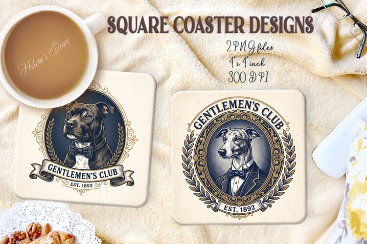 Vintage Gentlemen Dog square coasters sublimation design png example image 1