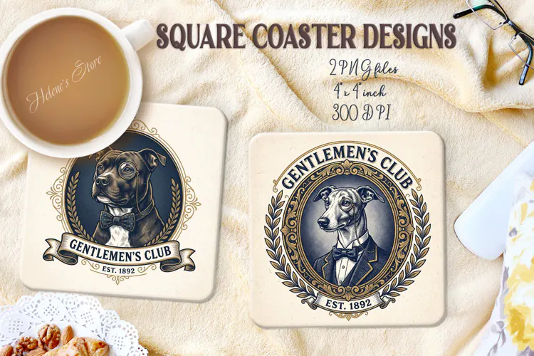 Vintage Gentlemen Dog square coasters sublimation design png