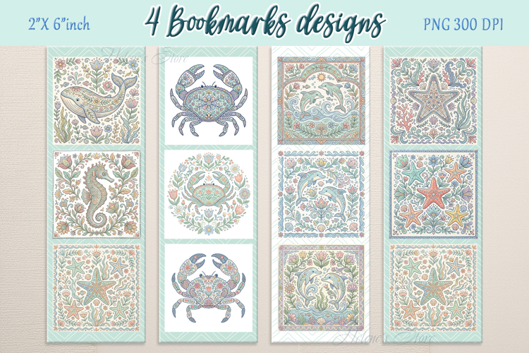 Pastel sea life pattern Printable bookmark png |4 Book craft