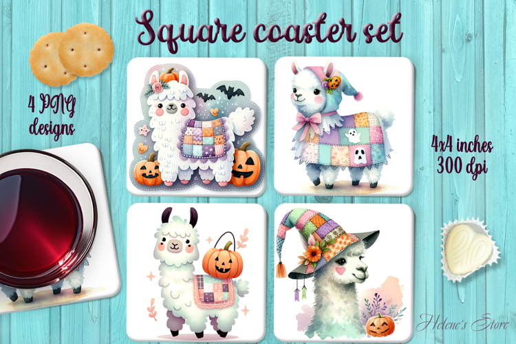 Patchwork Halloween llama square coaster sublimation png
