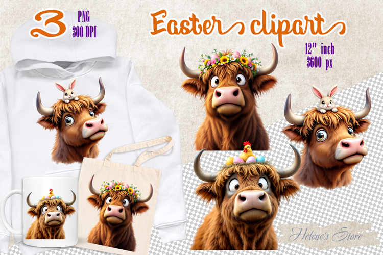 Easter highland cows Sublimation designs | Farmhouse clipart