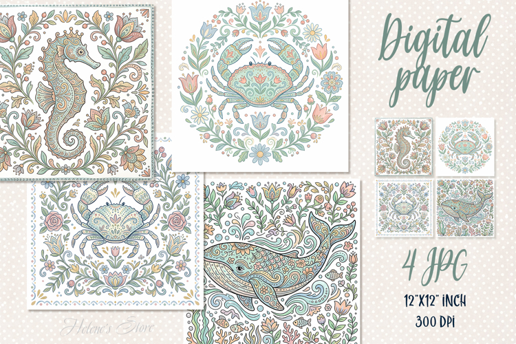Folk floral ocean tiles digital papers jpeg | Scrap booking