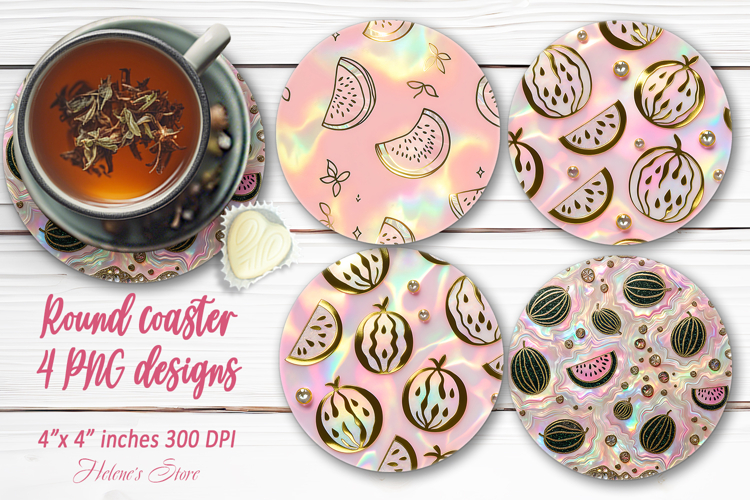 Tropical fruits pattern gold pearl round coaster designs