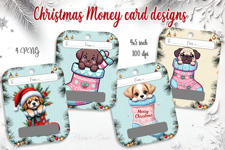 Cute Christmas Puppy Money Card PNG | 4 Designs