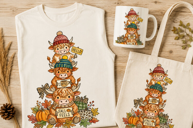 Stacked Highland Cows Fall Feels Pumpkin Art example image 1
