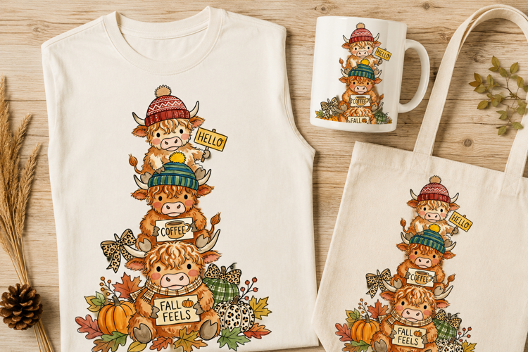 Stacked Highland Cows Fall Feels Pumpkin Art