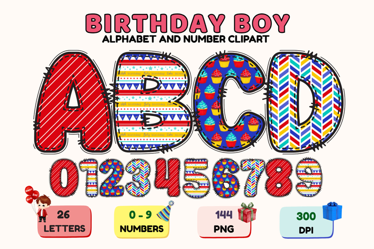 Birthday Boy Alphabet, birthday boy letters doodle clipart