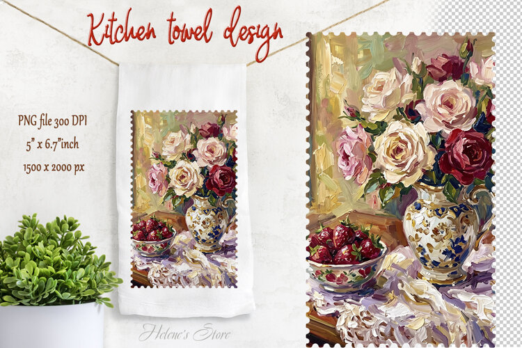 Roses bouquet and strawberry farmhouse kitchen towel png example image 1