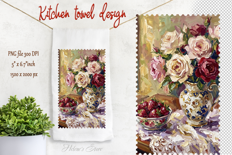 Roses bouquet and strawberry farmhouse kitchen towel png