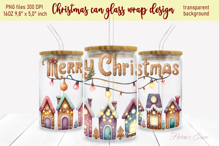 Christmas gingerbread house can glass wrap 16oz sublimation