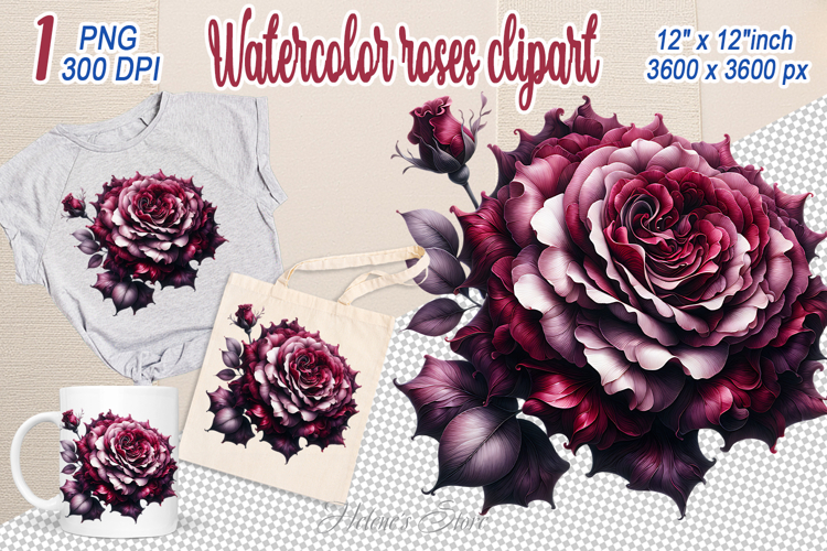 Watercolor Dark Aesthetic Roses Clipart| Dark red Flower example image 1