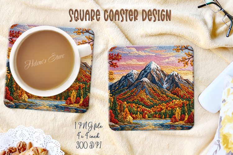 Autumn Mountains square coasters sublimation design png