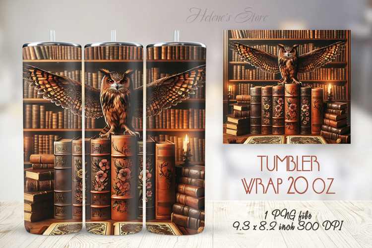 Owl in wooden library straight skinny tumbler 20 oz wrap