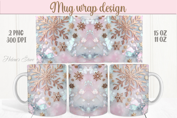 Pink Christmas mug wrap png| Gold snowflakes mug sublimation